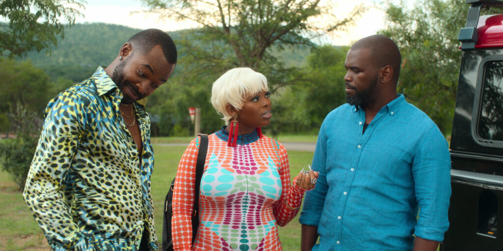 (L to R) OC Ukeje as Tony, Rosemary Zimu as Fifi and Siv Ngesi as Sabelo in Happiness Is | Cr. Courtesy of Netflix © 2024