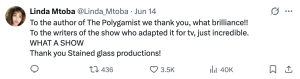 Linda Mtoba reacting to The Polygamist on Twitter